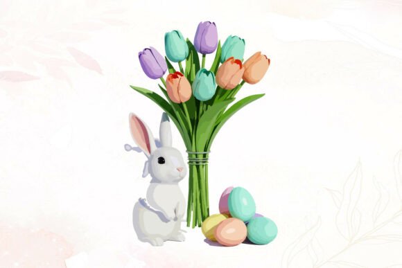 3D Easter Bunny with Tulips and Eggs