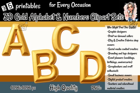 3D Gold Alphabet Numbers Clipart Sets