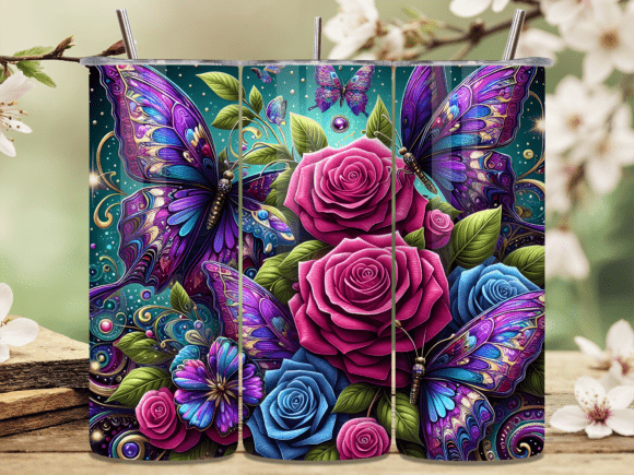 3D Purple Butterfly Pink Rose Tumbler